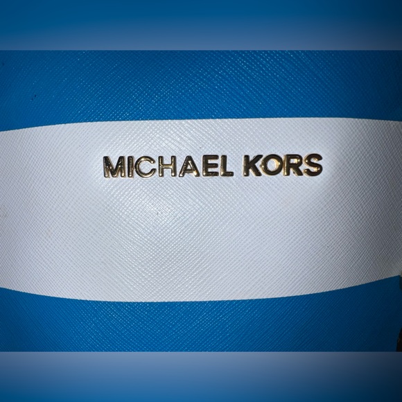 MICHAEL Michael Kors Blue and White Striped Tote with Brown Leather Straps - Picture 12 of 14